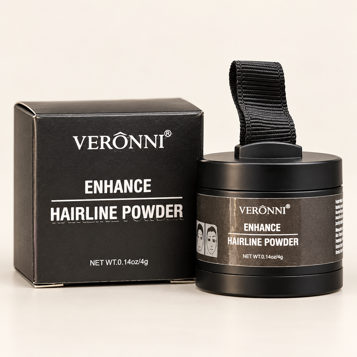 Original VERÔNNI cylindrical powder compact with printed label and matching carton