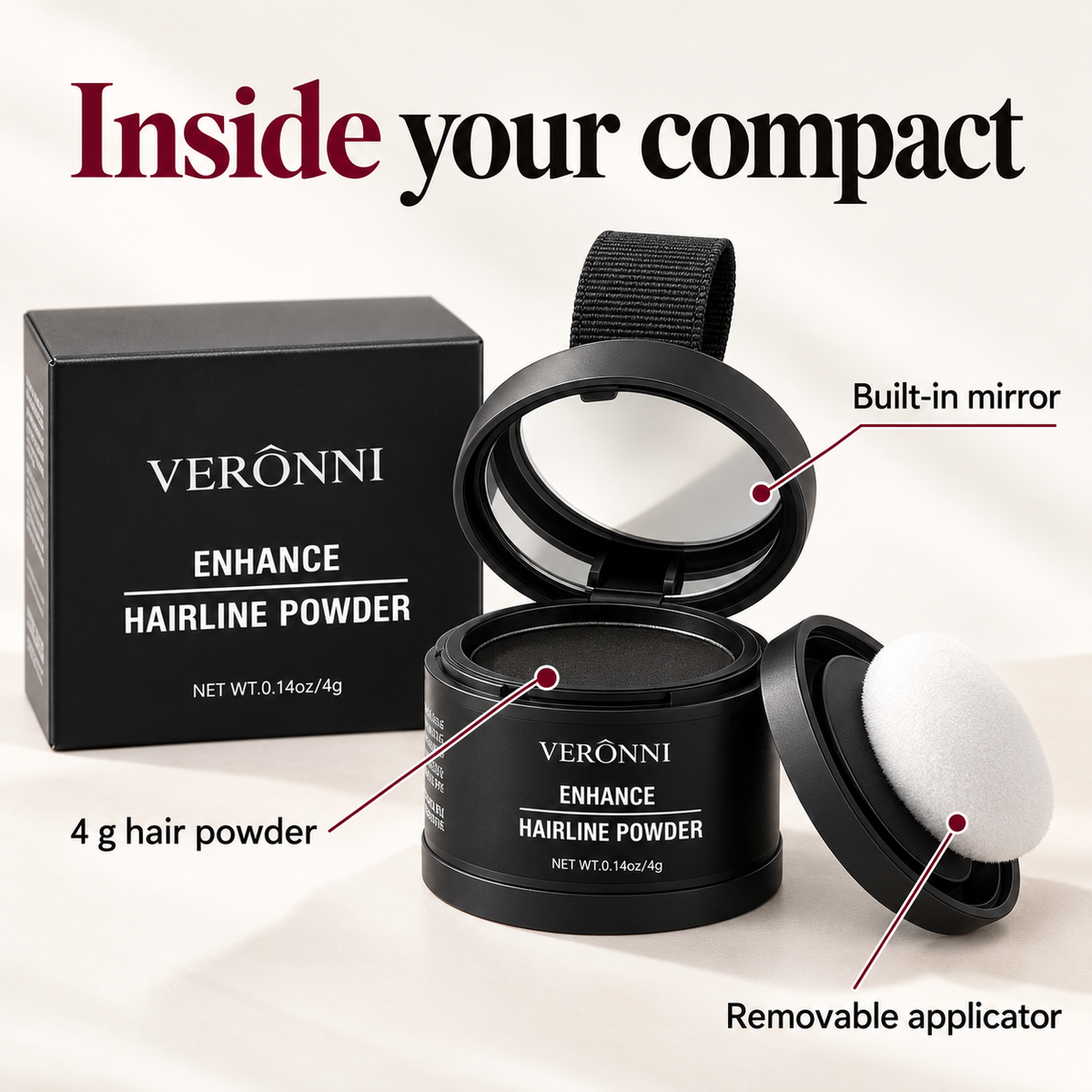 VERÔNNI powder with built-in mirror and removable soft applicator; 4 g powder