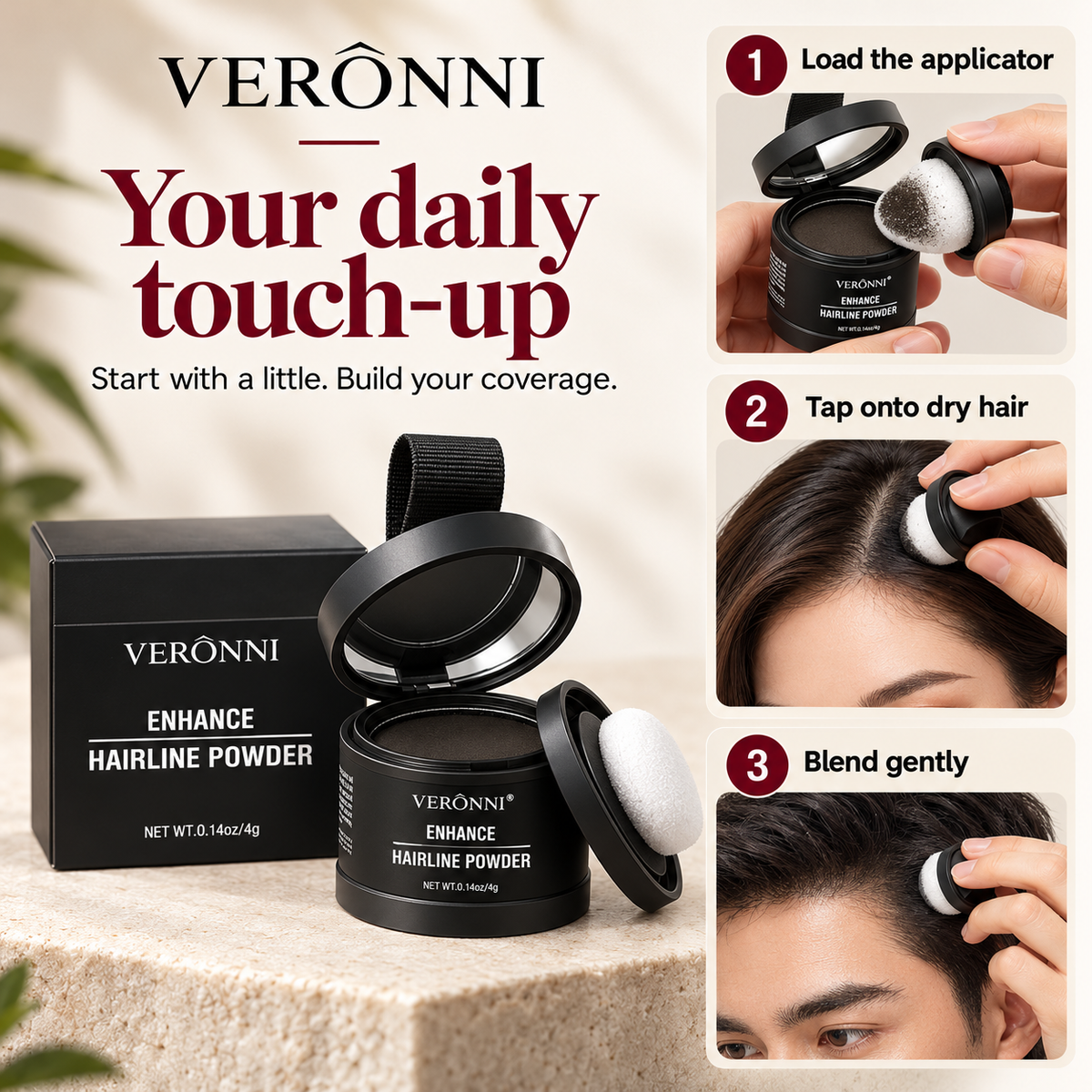 How to apply VERÔNNI powder: load the applicator, tap onto dry hair and blend gently