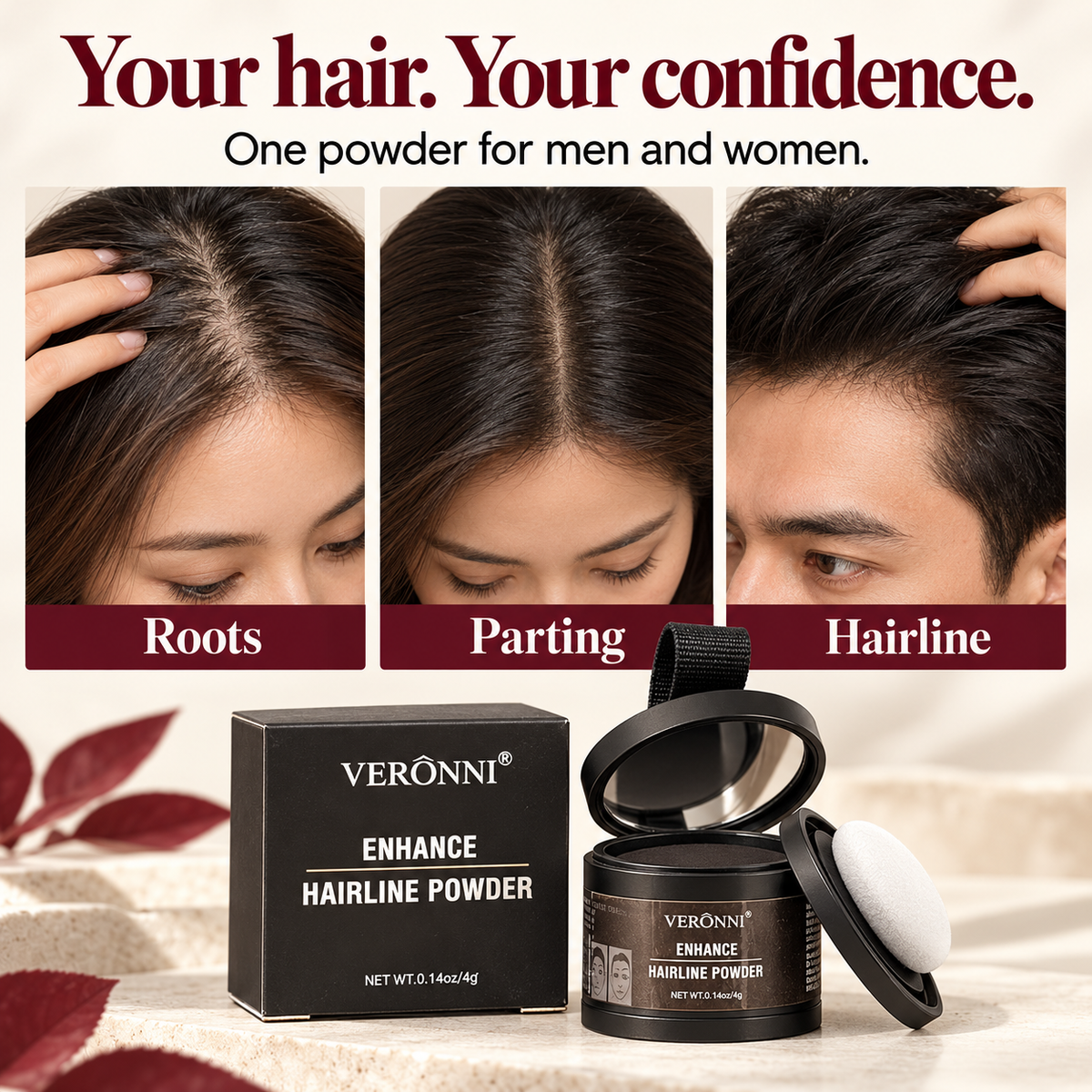 VERÔNNI cosmetic powder for visible roots, the parting and sparse-looking hairlines, for men and women