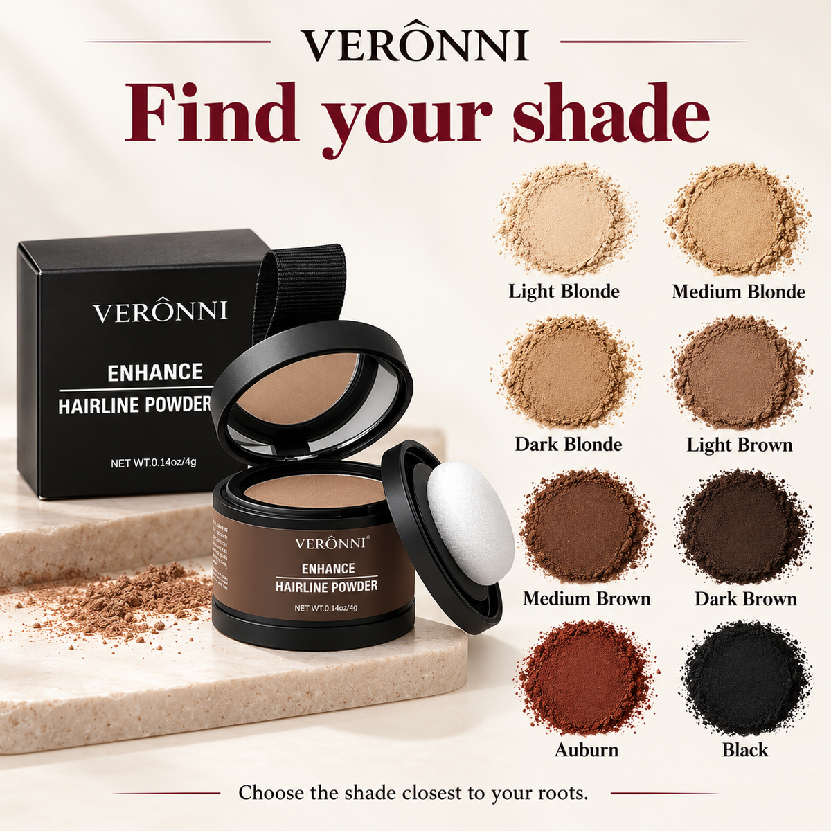 Eight VERÔNNI shades: Light Blonde, Medium Blonde, Dark Blonde, Light Brown, Medium Brown, Dark Brown, Auburn and Black