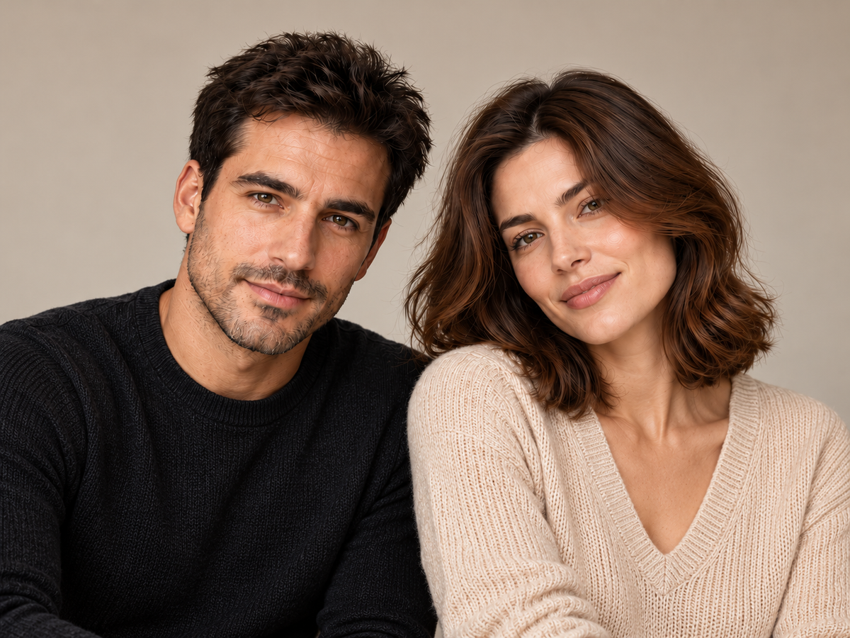 A man and woman with natural dark hair, representing the unisex VERÔNNI routine